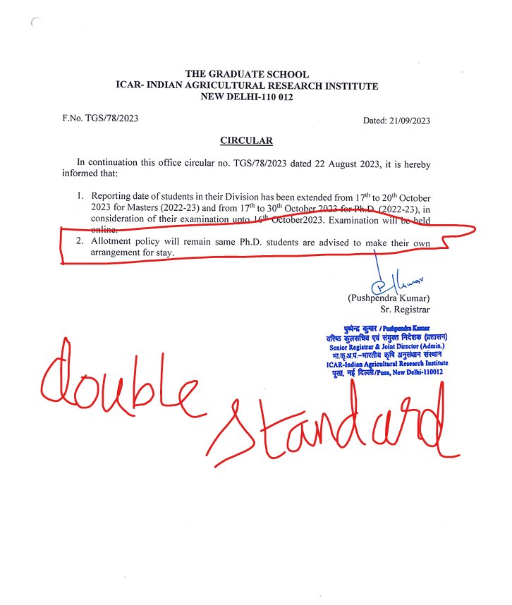 शिक्षा का व्यापार बंद हो। देश के कृषि छात्रों का भविष्य ऐसे हाथो में दिया जाए जो उनकी इज्जत करते हो ना की उनकी अवहेलना। छात्र छात्राओं को मानसिक रूप से प्रताड़ित करना बंद करो। @aks_gene @hpathak_icar #HostelAllotmentForAll #DontSellResearchersCareer #ResearchMatters