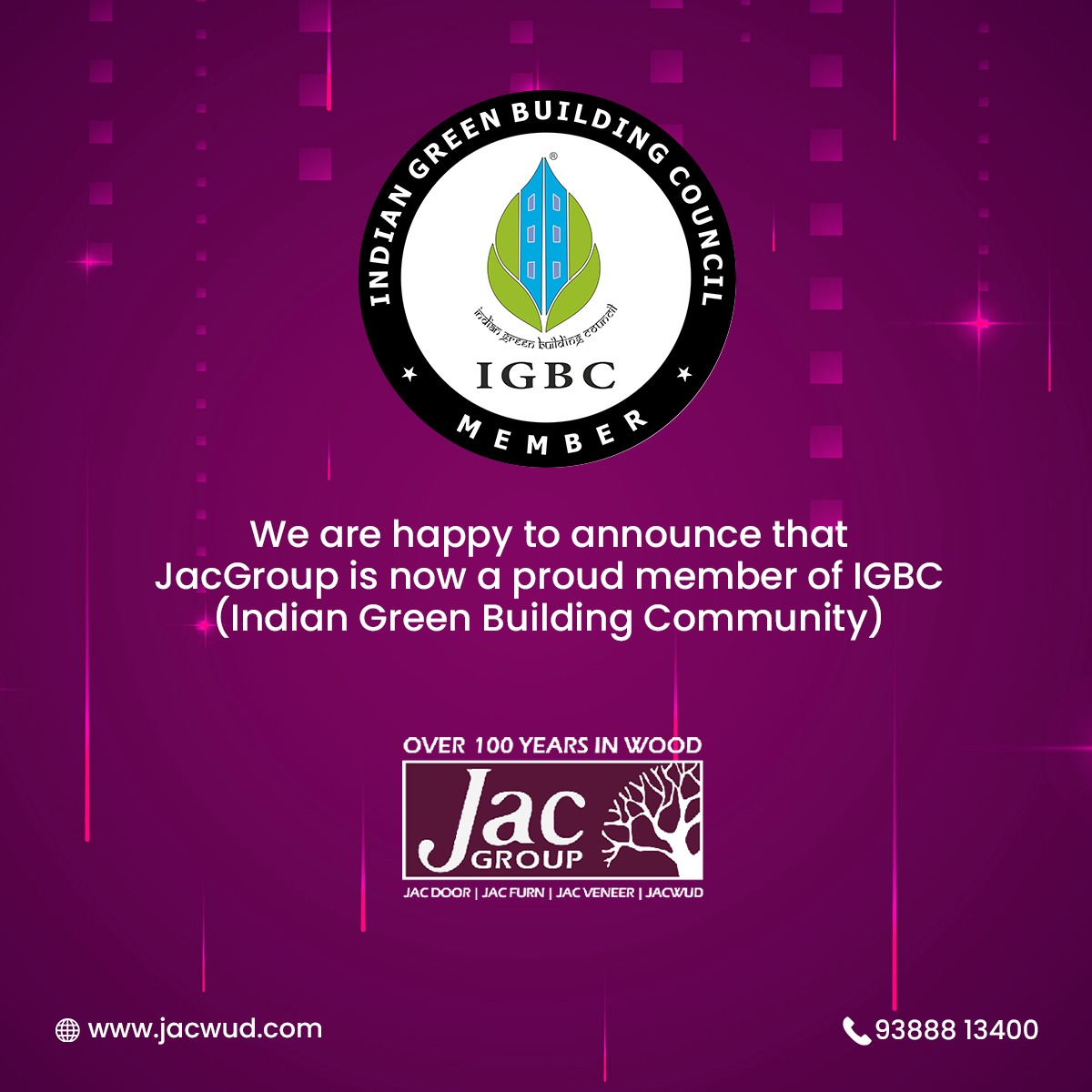 jacwud's tweet photo. We are thrilled to announce that JacGroup is now a proud member of IGBC (Indian Green Building Community). This makes a significant step forward in our commitment to sustainability and green building practices. Join us on this green journey. 

 #jacgroup #igbc #membership https://t.co/GkGxJ3km33
