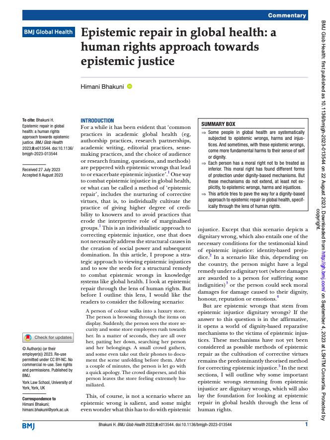 GlobalHealthBMJ's tweet photo. "Each person has a moral right not to be treated as inferior. This moral right has found different forms of protection under dignity-based mechanisms. But these mechanisms do not extend.. to epistemic wrongs, harms and injustices."

📣 New Commentary ➡️ https://t.co/T97B7B2nvY https://t.co/6nPMmAeQil