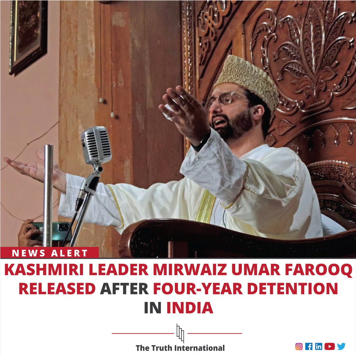 ttimagazine's tweet photo. Kashmiri Leader Mirwaiz Umar Farooq Released After Four-Year Detention In India.
For details:
https://t.co/zYTmHLjk8z
#kashmiri #kashmirileaders #thetruthinternational #tti #ttimagazine #mirwaizumarfarooq #fouryear #detention #india https://t.co/WlS8FpKmuj