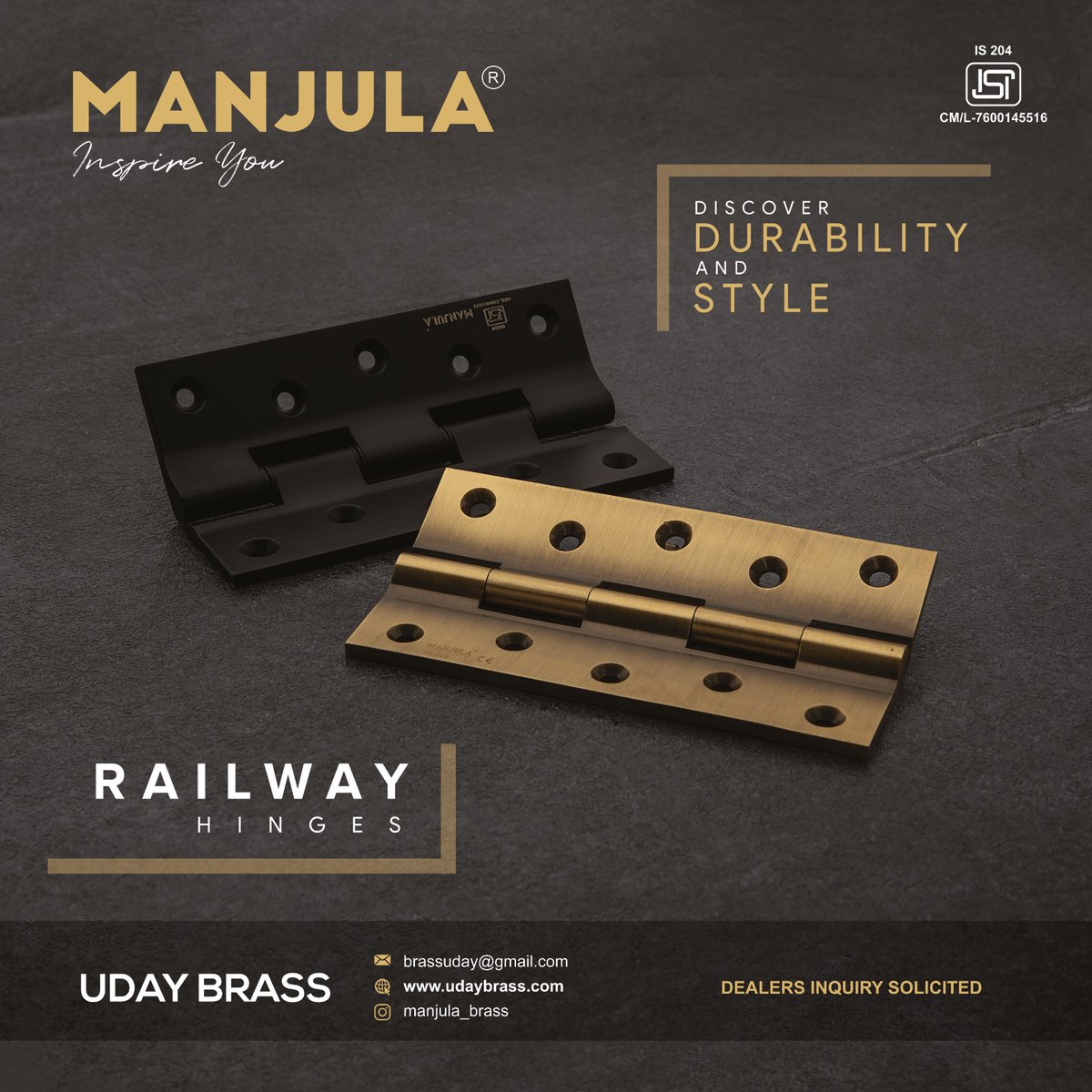 Achieve the perfect combination of durability and style with the #RailwayHinges from #MANJULA.
#ManjulaBrass #UdayBrass #Jamnagar #ManjulaHardware #UdayBrass #ManjulaHinges #BrassHardware #DoorHardware #HardwareProductsManufacturer #ManjulaBrassHardware #BrassHardwareProducts