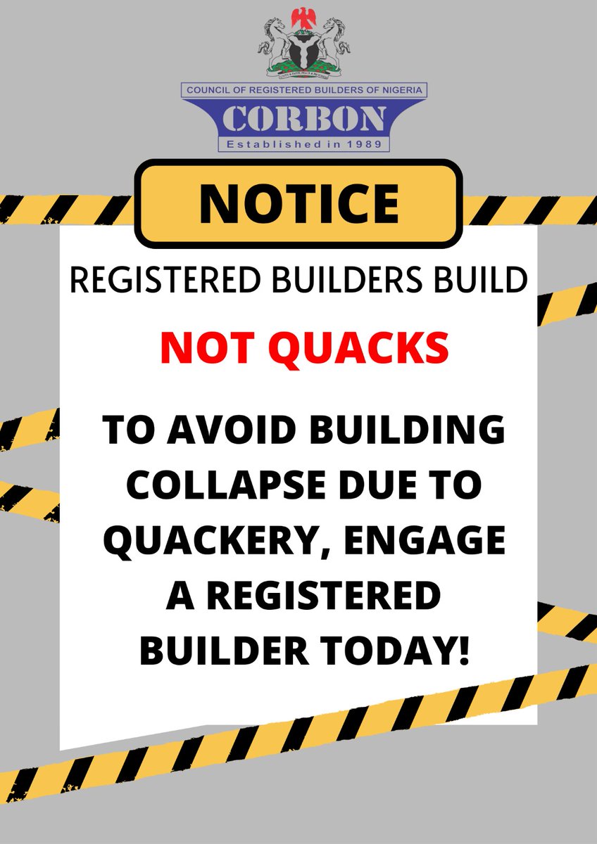 GreightstyleISS's tweet photo. #CORBON
#RegisteredBuilders
#StopQuackery
#StopBuildingCollapse
#EngageARegisteredBuilder
#Nigeria https://t.co/PFoZFATuax