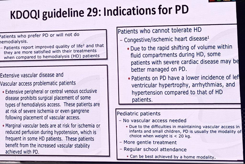 🤔When do u chose PD over HD🔥

1️⃣Pt with extensive stenotic vascular Ds limiting Cath/AVF 

2️⃣Cannot tolerate HD-Cardiac Ds pt-PD has ⬇️fluid shift-stable BP

3️⃣👦Pediatric

4️⃣Pt preference-HD facility far

✍️Ideal 🙋‍♂️-pt with good RKF/intact peritoneum

👏@divyaa24 #apcmispd2023