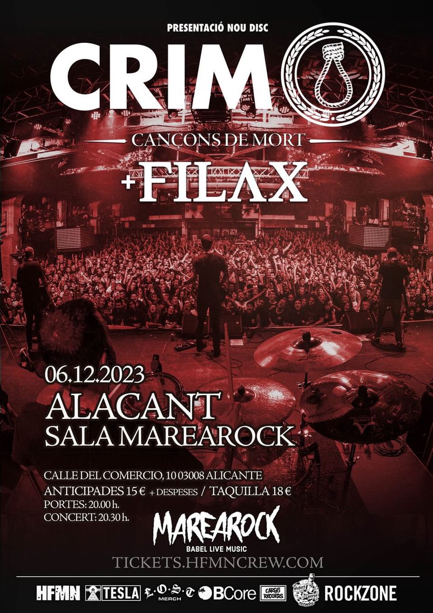 06/12/2023

CRIM + FILAX Sala Marearock, 
Alacant.

🧾Entrades: bit.ly/ccm-ALACANT