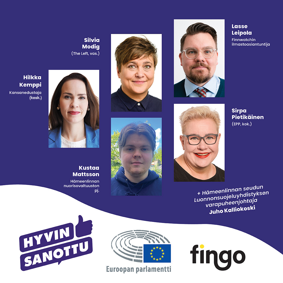 Fingo (@fingofi) on Twitter photo Hyvin sanottu -festivaalilla la 30.9. klo 14 puhutaan #EU:n vihreän siirtymän oikeudenmukaisuudesta. Keskustelemassa <a href="/spietikainen/">Sirpa Pietikäinen🇫🇮🇪🇺</a>, @silviamodig, <a href="/HiluKemppi/">Hilkka Kemppi</a>, <a href="/leipola/">Lasse Leipola</a> <a href="/Finnwatch1/">Finnwatch</a>, Juho Kalliokoski ja Kustaa Mattsson.
Tervetuloa!
<a href="/Europarl_FI/">Euroopan parlamentti Suomessa 🇪🇺🇫🇮</a> #HyvinSanottu #VihreäSiirtymä Hyvin sanottu -festivaalilla la 30.9. klo 14 puhutaan #EU:n vihreän siirtymän oikeudenmukaisuudesta. Keskustelemassa <a href="/spietikainen/">Sirpa Pietikäinen🇫🇮🇪🇺</a>, @silviamodig, <a href="/HiluKemppi/">Hilkka Kemppi</a>, <a href="/leipola/">Lasse Leipola</a> <a href="/Finnwatch1/">Finnwatch</a>, Juho Kalliokoski ja Kustaa Mattsson.
Tervetuloa!
<a href="/Europarl_FI/">Euroopan parlamentti Suomessa 🇪🇺🇫🇮</a> #HyvinSanottu #VihreäSiirtymä