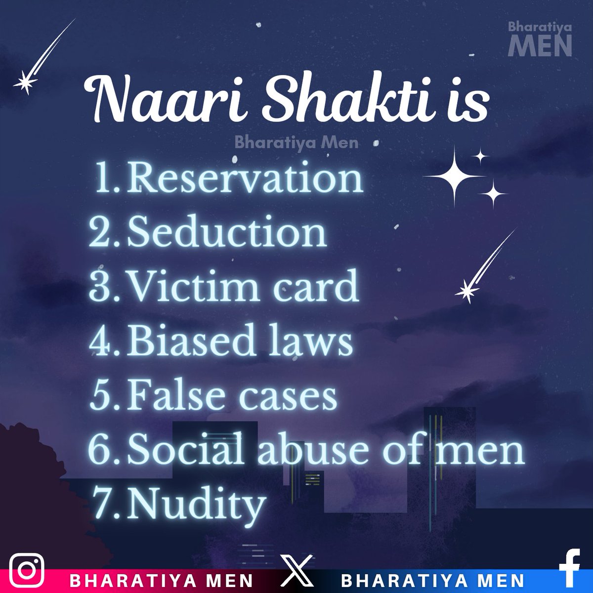 BharatiyaMen's tweet photo. आज की नारी शक्ति क्या है: आरक्षण, प्रलोभन, पीड़ित कार्ड, पक्षपातपूर्ण कानून, झूठे मामले, पुरुषों का सामाजिक अपमान और नग्नता। https://t.co/jZ9mNbb6fT