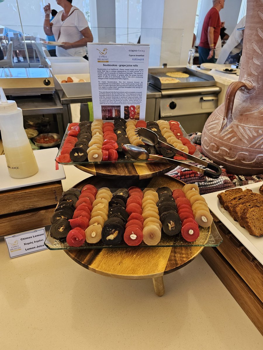 Soutzoukos is one of the most characteristic traditional sweets on the island that has been made in villages for generations. It is made of a thick creamy mixture of genuine grape juice, flour and flavourings, and it is part of our traditional 'Cyprus Breakfast' offerings here at