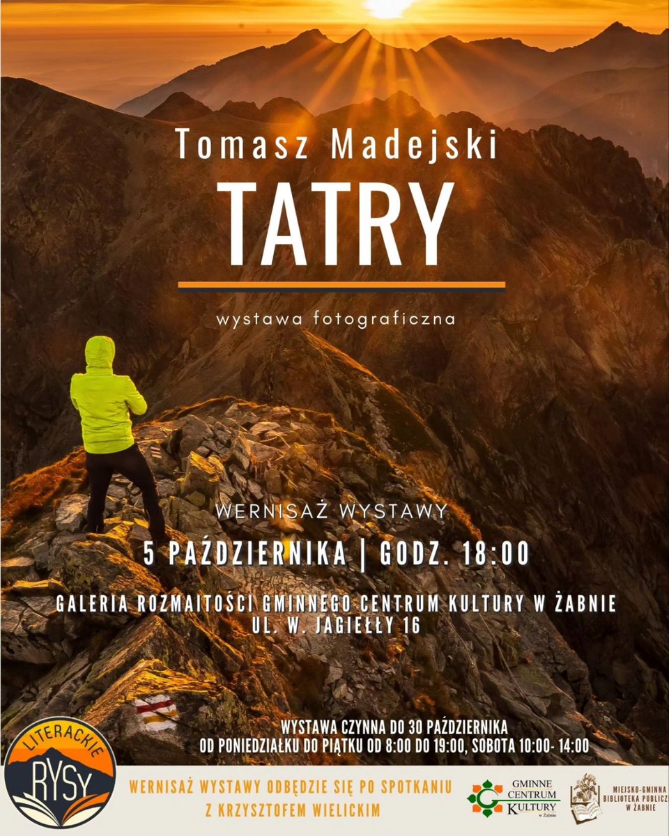 Witam 🤗 w dniu dzisiejszym niezwykle miło mi zaprosić Wszystkich Państwa  na wystawę zdjęć mojego autorstwa  pod tytułem"TATRY" ⛰️. 

WERNISAŻ WYSTAWY odbędzie się 5 Października o godzinie 18:00 w GALERII ROZMAITOŚCI GMINNEGO CENTRUM KULTURY W ŻABNIE ul.Jagielly 16  @gckzabno