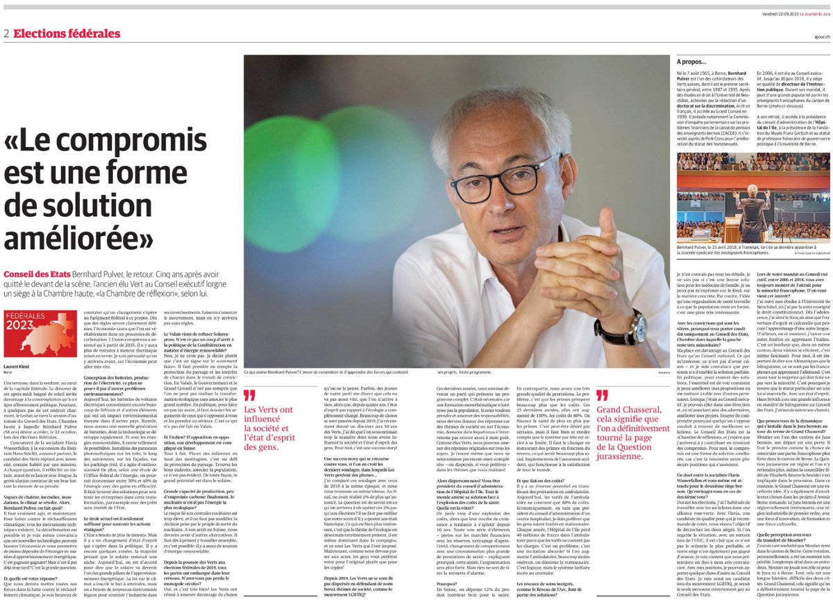 Interview de Bernhard Pulver dans le Journal du Jura au sujet de l'importance du projet Grand Chasseral. Il sera d'ailleurs présent ce lundi à 19h15 à la Couronne à Sonceboz pour présenter ses 10 points pour le Jura bernois et la Berne francophone. Venez nombreux !
#EF2023