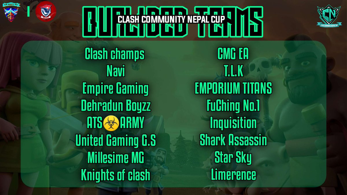 Congratulations to these teams who have made it to Knockout stage of Clash Community Nepal Cup.
These teams have successfully navigated through the single elimination and group stages  showcasing their strategic prowess,intense gameplay and determination .
#clashcommunitynepalcup