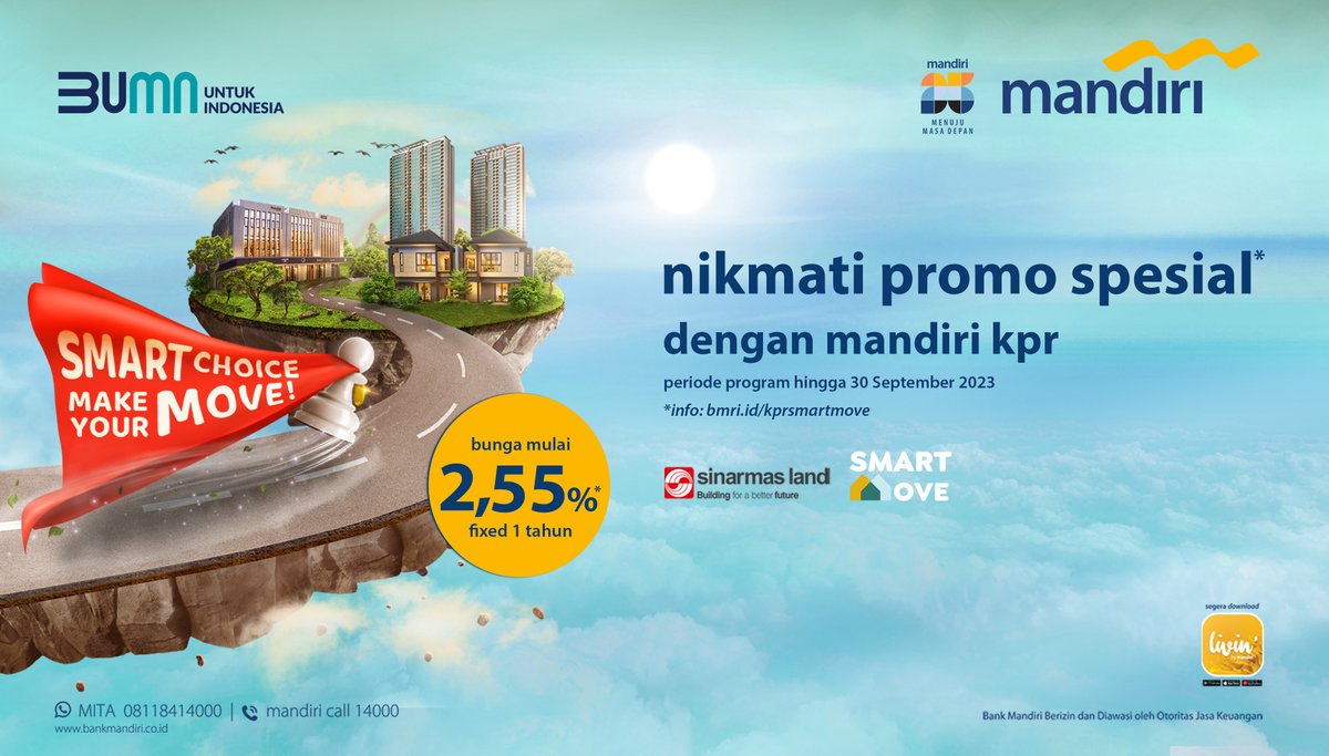 bankmandiri's tweet photo. Sahabat, nikmati #MandiriPromo spesial dari #MandiriKPR untuk program Smart Move Sinar Mas Land. 

Dapatkan benefit menarik dari program ini hingga 30 September 2023.

Buat yang lagi cari rumah, ruko, atau apartemen, yuk ajuin #MandiriKPR sekarang!

Info: https://t.co/vSHyGA9WAG https://t.co/HamsBfRWNL