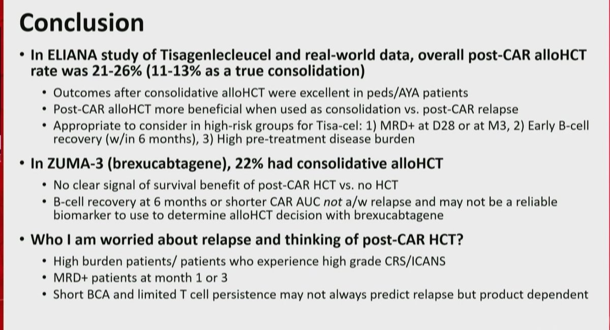 💡Considering Allo SCT post CAR-T in R/R B-ALL? 🤔 
👉 High disease burden
👉 MRD+ at 1 or 3 months
👉 Early B cell recovery within 6 months
🌟 insights at #SOHO2023 🌟 
 #Hematology #CARTTherapy #MedicalResearch'
#SOHO2023