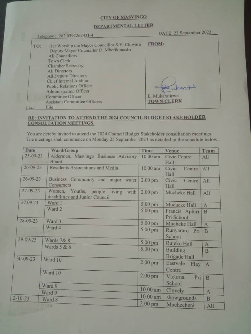 Here are the dates for the <a href="/CityofMasvingo/">City of Masvingo</a> 2024 budget stakeholder consultation meetings! <a href="/citezw/">CITE</a> <a href="/ZimMediaReview/">Zim Media Review</a> <a href="/COMELDIZIM/">Community Media&Local Development Initiative</a> <a href="/ZimRightsMasvi2/">@ZimRights Masvingo</a> <a href="/MSVOResidentsZW/">MASVINGO RESIDENTS MATTER 💪🇿🇼</a> <a href="/CcjpMasvingo/">CCJP Masvingo</a> <a href="/CgcdzOfficial/">CGCDZ_OFFICIAL</a> <a href="/EnviroPressZim/">EnviroPress</a>