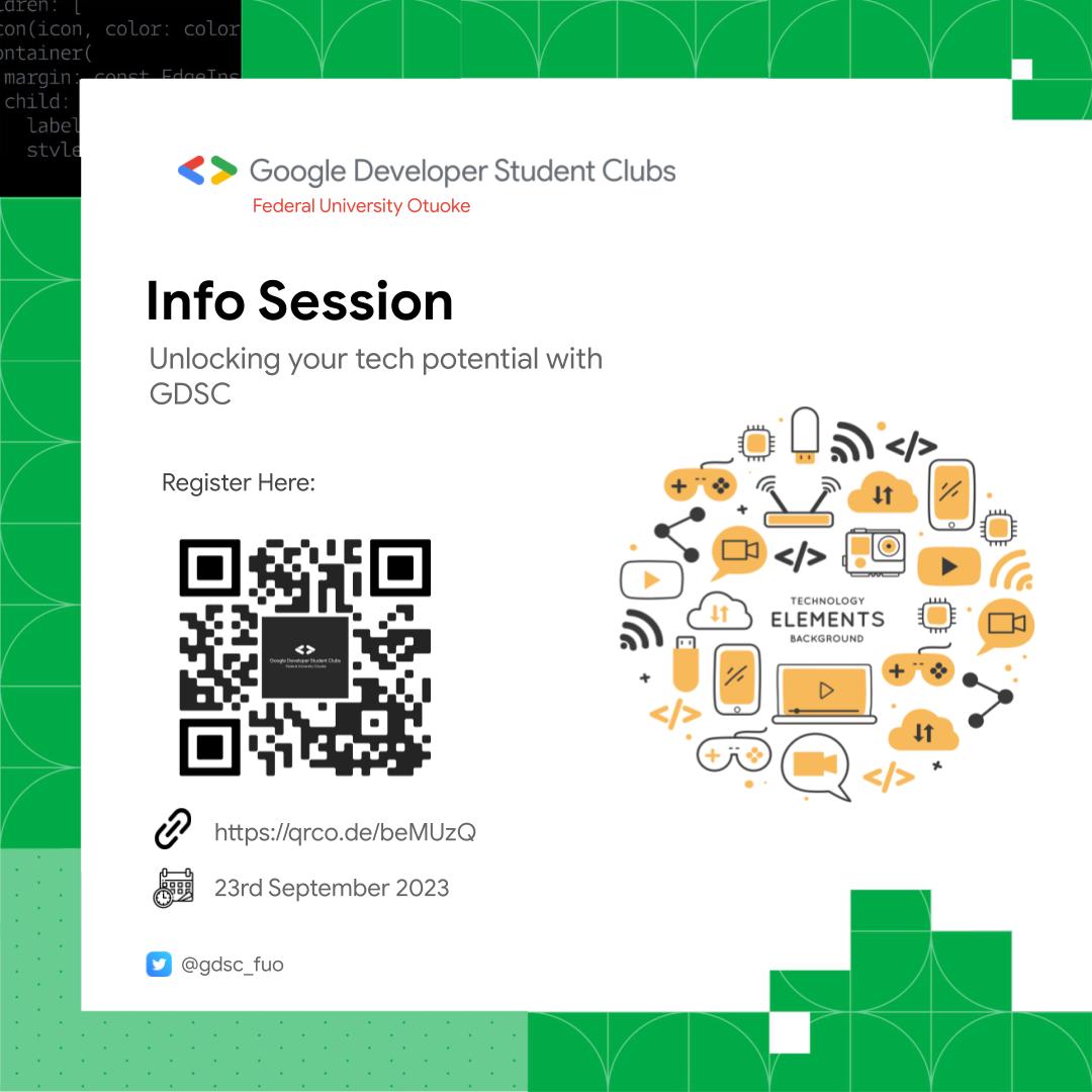 gdsc_fuo's tweet photo. GDSC info session will be holding on the 23rd of September 2023 avoid missing this opportunity to level up your tech skills, RSVP at https://t.co/titgHr70QS https://t.co/O13r9RIe9i