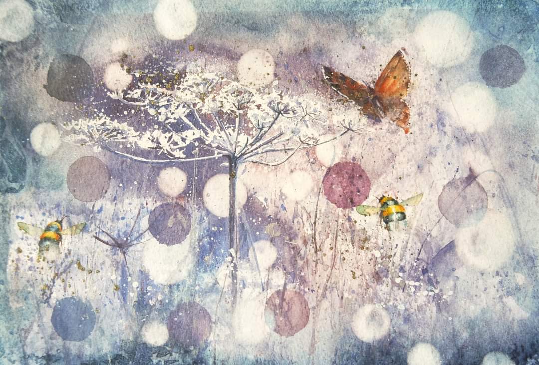 I have tried something different here, I wanted to describe an early morning in early summer, with cow parsley ,butterflies and bees buzzing , in the morning light. 

Happy Saturday

#watercolour #butterfly #bees #savethebees #hedgerows #cowparsley #insects #etheral #inspiration