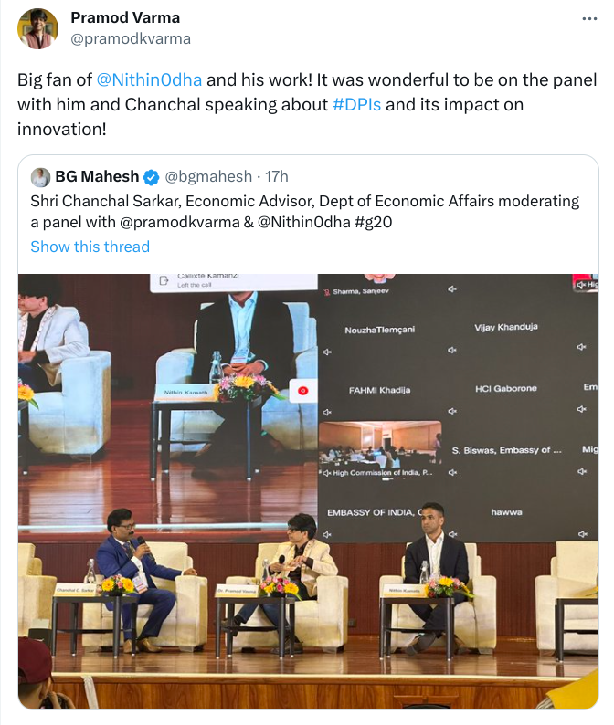 Nithin0dha's tweet photo. It took us 6 years to get to our first 60k customers, each of whom had to sign and courier 40+ pages of forms and wait for days. We got to 1 crore customers in the next 6, entirely eliminating paper in the process. This was enabled by eKYC, digital signatures (eSign), & digital documents (Digilocker).

The productivity increase, savings, and wastage reduction for companies and customers have been exponential. Hundreds of millions of pages that didn’t have to be printed and transported and valuable customer time that didn’t have to be wasted. Most of our time in the first six years was spent figuring out how to send forms back and forth collecting docs.

We had ~900 on the team in late 2017 with ~5lk customers. Today, we have 1.3 crore customers with ~1100 on the team. And this while our customer support quality has improved significantly. We have done many other things right, but doing away with the physical process has helped exponentially.

This has also reduced customer onboarding risk significantly. Physical forms, docs, and signatures with multiple intermediaries vs. the customer directly with their digital identity and signature + mandatory online In person verification (IPV).

The first thing I said on this panel was that I wouldn’t have been on the stage if not for the robust Indian digital infrastructure that @zerodha has benefited from. Thanks to the people who enabled it in the Govt & its machinery, @NandanNilekani, @pramodkvarma & everyone else.