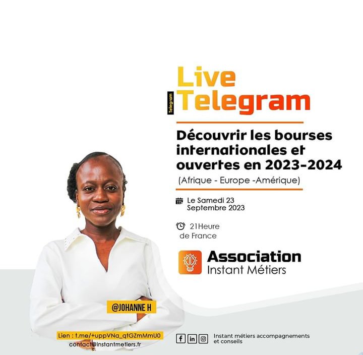 Hello
OPPORTUNITÉS AUX NOUVEAUX BACHELIERS ET AUTRE !!!
Nous aurons un live ce soir sur les bourses d'études internationales ouvertes pour rentrée 2023-2024
#boursesdetudes #france #canada #campusfrance  #rentree20232024

Accès 👇
t.me/+QOGUFfmDZFY1N…