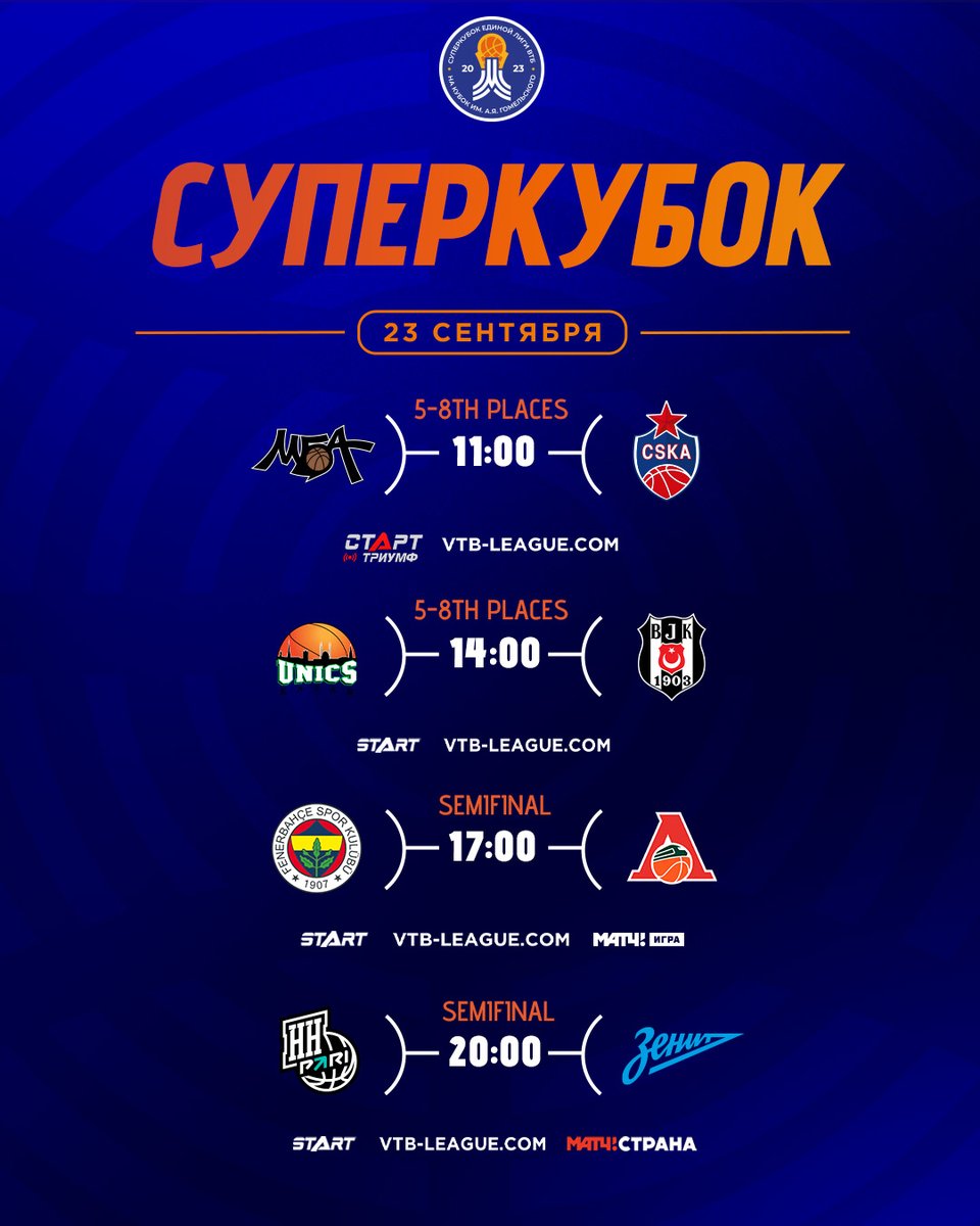 Schedule for the third day of SuperCup: 11:00 MBA — CSKA 14:00 UNICS — Beşiktaş 17:00 Fenerbahçe Beko — Lokomotiv Kuban 20:00 Pari NN — Zenit 📺 Broadcast: vtb-league.com/en/ Preview: vtb-league.com/en/news/fenerb…