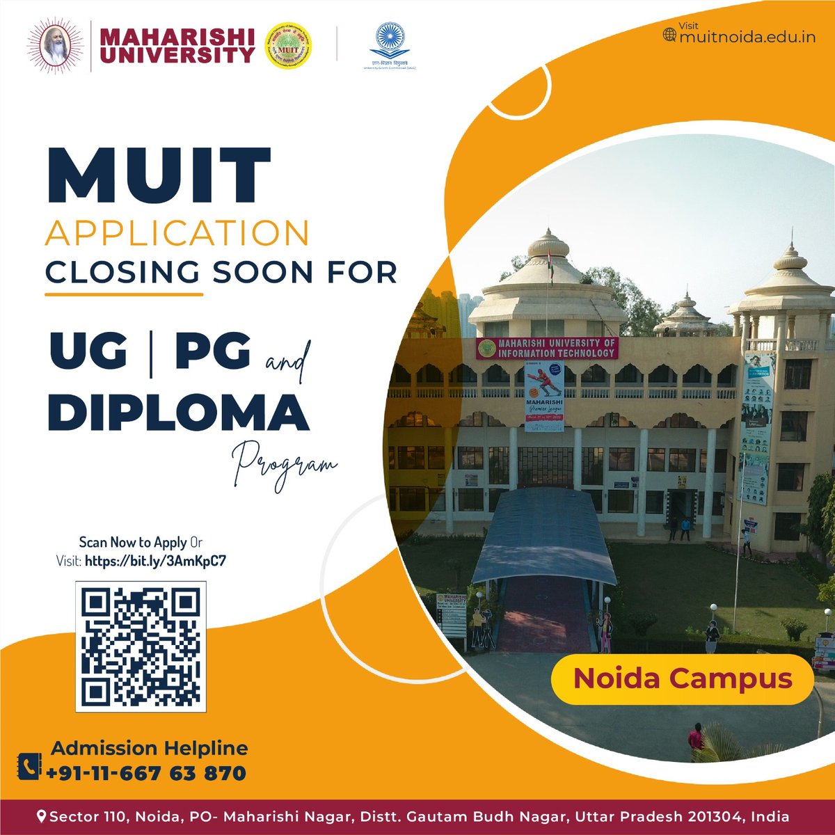 Admissions are closing soon! 

🌐 For more details, speak to our Admission Counselor: 011 6676 3870 or Visit: bit.ly/3AmKpC7

#maharishiUniversity #MuitNoida #BestUniversity #admissions2023 #Noidacampus #admissionsclosingsoon