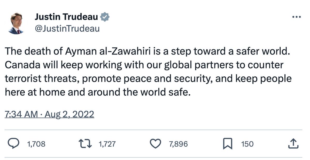 Chellaney's tweet photo. A serial hypocrite: Shedding tears over the killing of a dreaded Sikh terrorist, Trudeau cites the importance of a "rules-based order." 

But just a year ago or so, Trudeau celebrated the US assassination of a 71-year-old retired terrorist living with his grandchildren in Kabul. https://t.co/6EFDRU9YGV