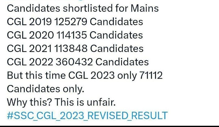 ShashiSarraf7's tweet photo. विद्यार्थियों के लिए हर बार Ssc कुछ न कुछ ऐसा कर ही देती है जो विद्यार्थी के लिए निराशाजनक ही होता  हर साल की तरह जितने विद्यार्थियो को Mains के लिए ले रहे थे अब उसमे भी इस बार कही न कही गलत ही कर दिया
#SSC_CGL_2023_REVISED_RESULT
@abhinaymaths 
@GaganPratapMath 
@ssc_official__ https://t.co/8m2dasMLu1