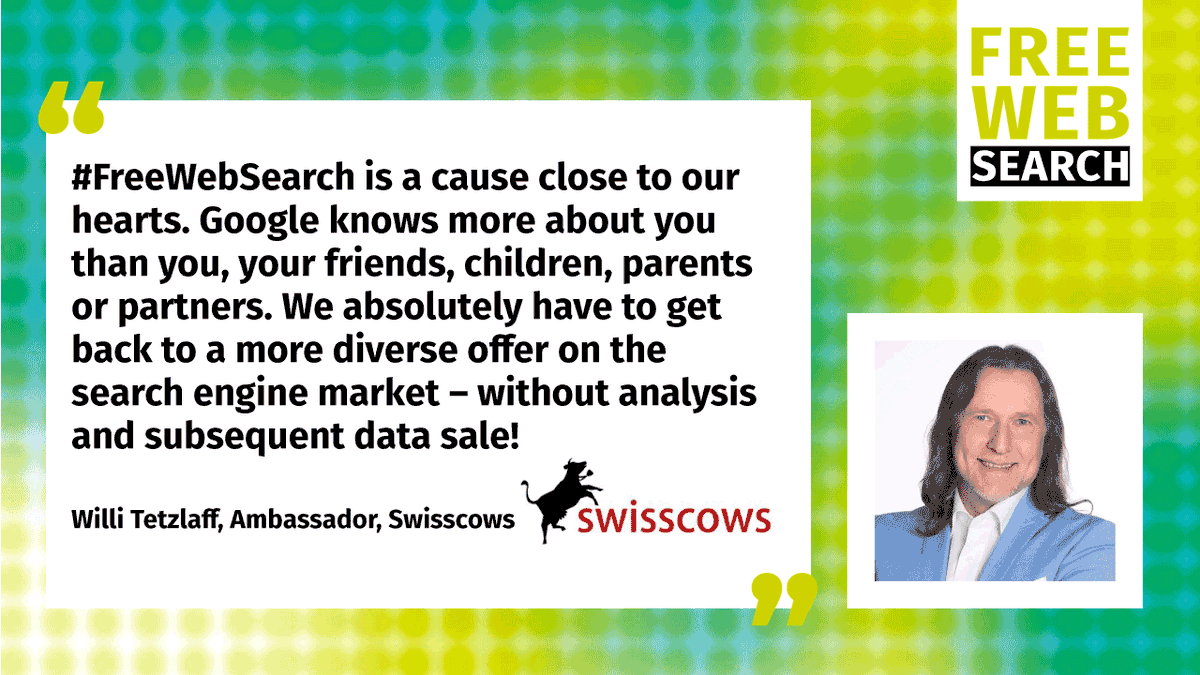 Show your face for #FreeWebSearch!
Willi Tetzlaff, Ambassador for alternative #SearchEngine <a href="/swisscows_ch/">swisscows</a>, warns about the deep, intimate information that major #SearchEngines collect about us while we search + calls for greater market diversity.
#FWSD23 freewebsearch.org