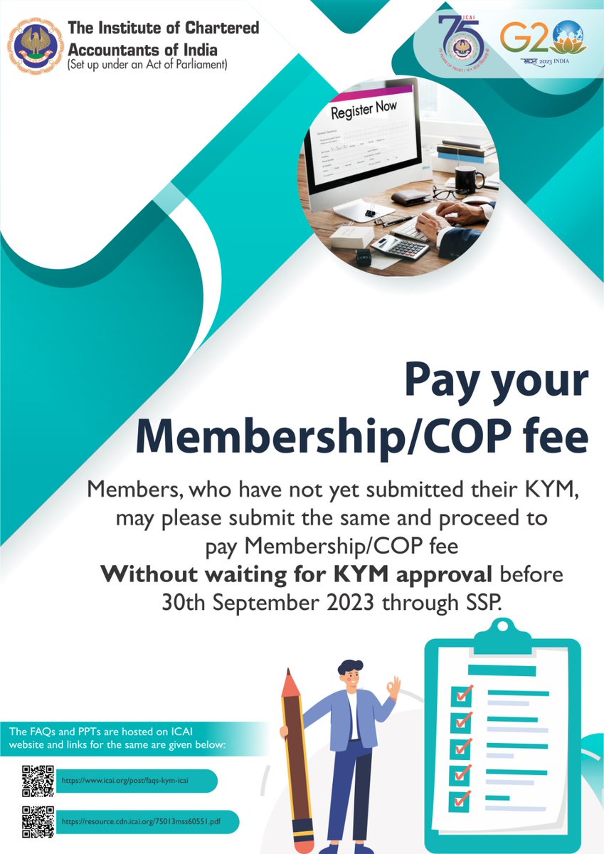 theicai's tweet photo. Important Announcement-Members who have not yet submitted their Know Your Member(KYM) may please submit the same &amp; proceed to pay Membership/COP Fees without waiting for KYM approval through ICAI SSP - https://t.co/wRxTah67tV
Last Date-30th Sept 2023. 
FAQ-https://t.co/TgoUtklFbG https://t.co/NmXmKea1Ni