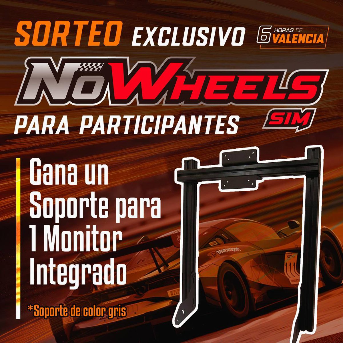 Desde <a href="/SCompetizione/">SyECompetizione</a> y <a href="/inter_simracing/">ISR</a> nos place anunciaros la colaboración con <a href="/NoWheelsSim/">NoWheelsSim Cockpits</a>
Una de las mejores marcas de fabricantes de cockpit.
Sorteo entre todos los participantes de las  6h de Valencia de este maravilloso soporte de monitor integrado
nowheelssim.com