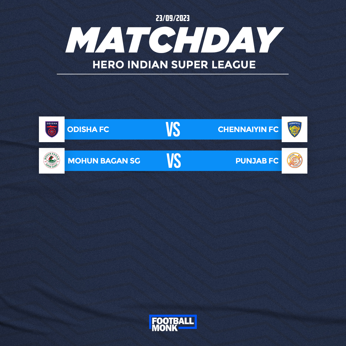 MonkFootball's tweet photo. Double Header Saturday sees @RGPunjabFC mark their debut in ISL after Odisha hosts Chennaiyin at the Kalinga!

Matches kickoff at 5.30PM and 8.00PM respectively.

#HeroISL #IndianFootball #FootballMonk https://t.co/5A73oKoanm
