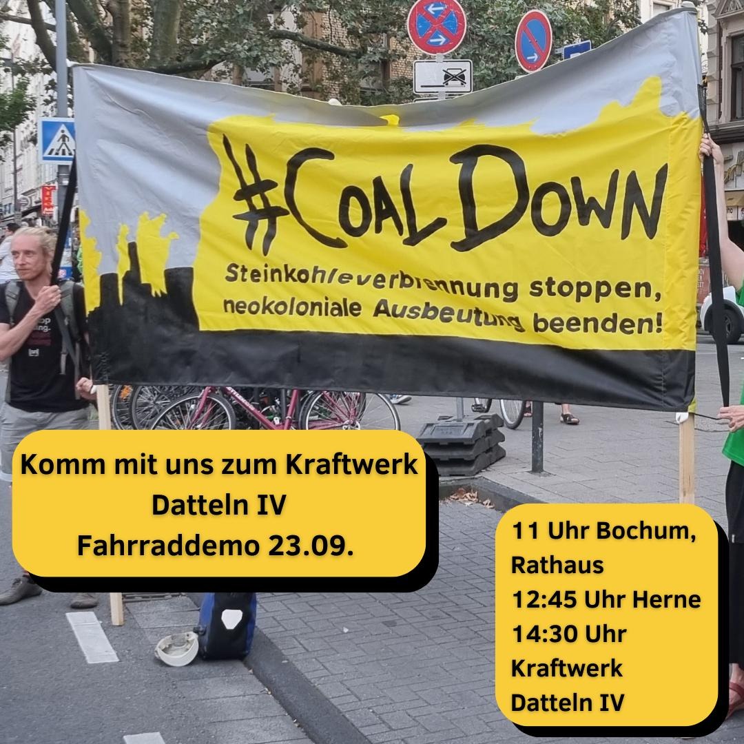 jenniferlost's tweet photo. Heute, 23.9. Für das Ende der Steinkohle Ära. Fahrrad-Demo ab Bochum. Treffpunkt um 11, Abfahrt 12 Uhr nach Herne &amp; dann zum Kraftwerk Datteln IV. Finde die Demo hier https://t.co/C3WnEHkgiN 
#coaldown #fossilfree #climatejustice
@KlimawendeK @greenpeace_k @ausgeCO2hlt https://t.co/9yHQFbSeKK