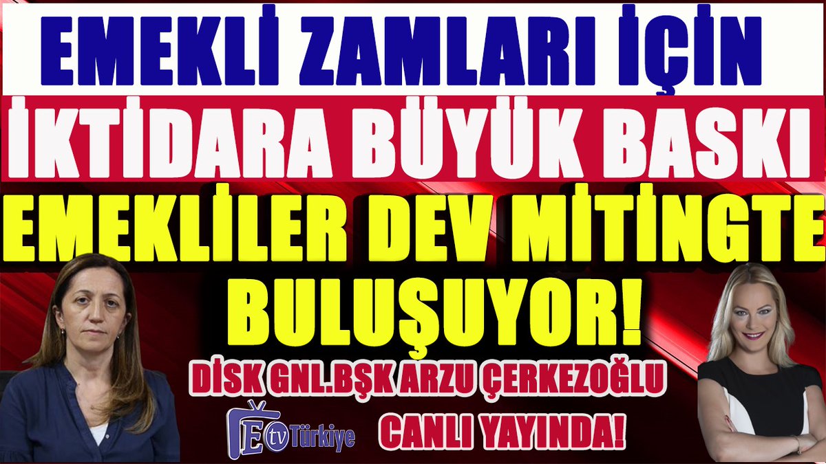 etvTurkiye's tweet photo. 📢Bugün
➡️Emeklilerin
➡️5000 prim Mağdurlarının
#3600 kısmi Emeklilik Hakkı bekleyenlerin
➡️Emeklilikte adalet isteyenlerin
➡️Staj ve çıraklık sigortası mağdurlarının
➡️Kademeli Emeklilik haktır diyenlerin, 2000 sonrası Sigortalıların talepleri E Tv Türkiye'de dile geliyor.
➡️⚠️Disk Genel Başkanı Arzu Çerkezoğlu 12.30'da konuğumuz.
24 Eylül Pazar günkü #Emekli mitingi öncesi tüm mağduriyetler ve hakları bu yayında ses olacak.
👇👇👇👇👇👇
https://t.co/tlMjUoxLs6

@ArzuCerkezoglu @diskinsesi 
#Emekli2024üBeklemez
#KademeliEmeklilik
#2000SonrasıSigortalılaraAdalet
#StajveÇıraklıkMağdurları
#Eyt
#EmekliZammı