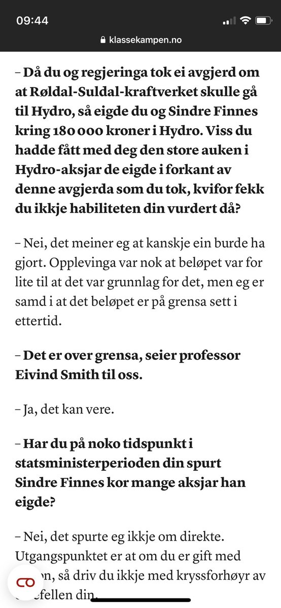HCEkroll's tweet photo. Dette et et ganske sentralt utdrag fra Klassekampens intervju med Solberg. Hun viste at Finnes eide aksjer i statseide selskaper, men fikk likevel ikke egen habilitet vurdert som statsminister.
https://t.co/gTRzqLBaOQ https://t.co/F8jkQLer1Z