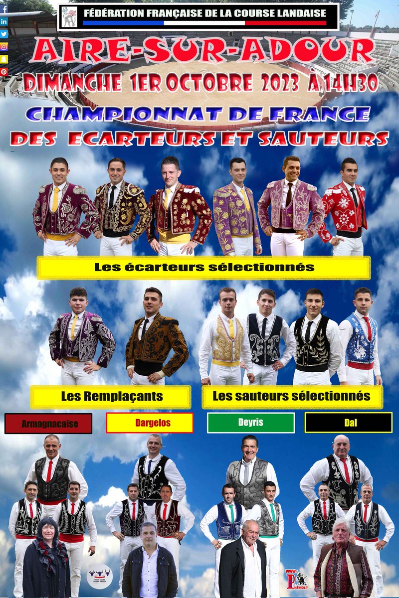 CHAMPIONNAT DE FRANCE DES ECARTEURS ET SAUTEURS,
      AIRE SUR ADOUR
Dimanche 1er Octobre 2023 à 14H30,
Photo avec la liste des écarteurs et sauteurs sélectionnés pour le Championnat de France,
Affiche du Championnat :
pickwicq.fr/fr/affiche-cha…
