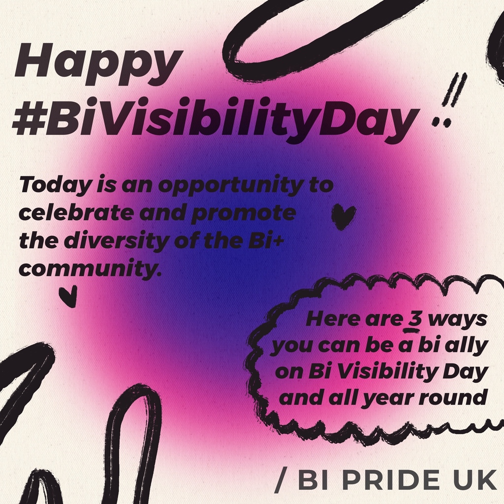BiPrideUK's tweet photo. We’re here to wish you an absolutely wonderful #bivisday to our amazing community 💜

We are always here… so if you’re an ally looking to support, here’s a few pieces of advice on how to support the bi+ folk in your life. 

#biweek #bivisibilityday https://t.co/6Rf47K35ck