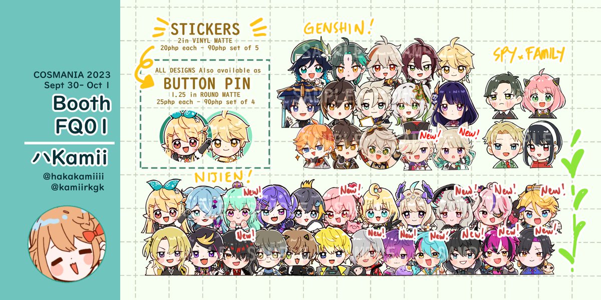 💚My Catalogue for #FanFairAtCosplayMania2023  
I'll be with ami, ellie & zero @ FQ-01! See you soon!  

Also, Kindly check the thread 🔽🔽 for additional info & updates! I have mostly Genshin Impact, Nijisanji EN, Skip and Loafer, and Spy x Family merch!!

#CosplayMania2023 