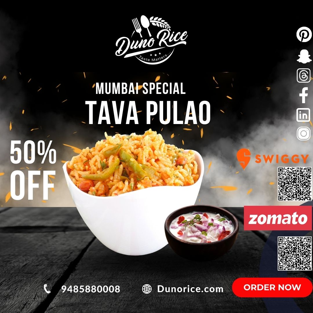 'Experience the vibrant flavors of Mumbai with Duno Rice's special Tava Pulao. A symphony of spices, veggies, and fragrant basmati rice, it's a taste of the city's heart. #MumbaiSpecial #TavaPulao #DunoRice #FlavorfulDelights #TasteOfMumbai'
