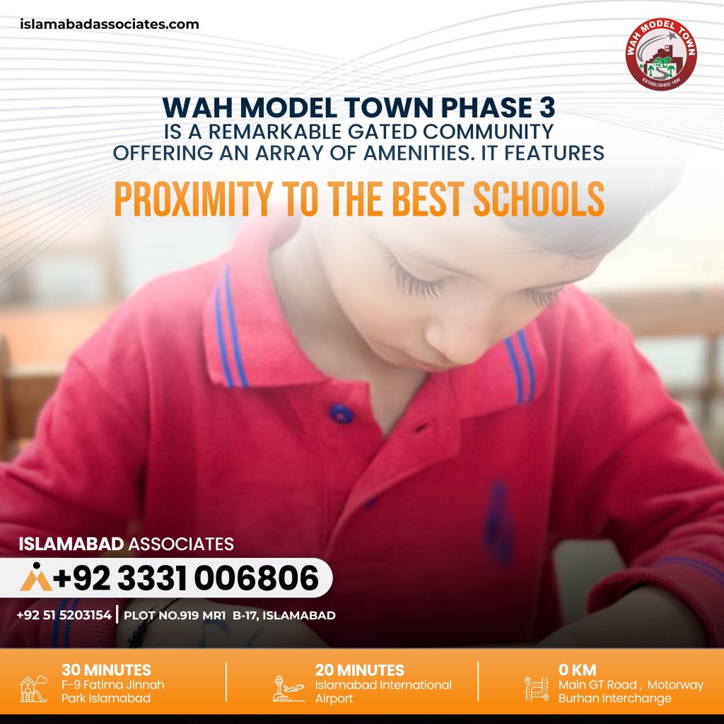 🏫 Ideal for families: Proximity to top schools & education in Wah Model Town Phase 3. Contact: +92 51 5203144, Mobile: 0333 1006801, 0333 1006806. #DreamHome #Education #RiversideLiving