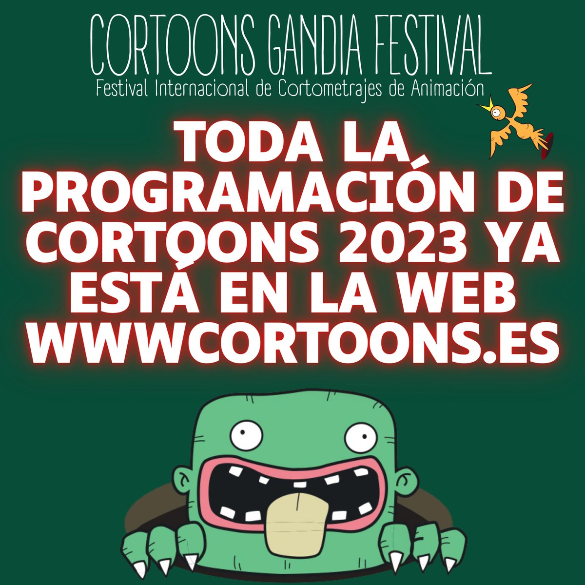Ya puedes  encontrar toda la programación del Cortoons Gandia Festival 2023 en  nuestra página web cortoons.es. Descubre los invitados, los eventos,  los largometrajes y la secuencia de proyección de los cortometrajes de  la competición oficial.