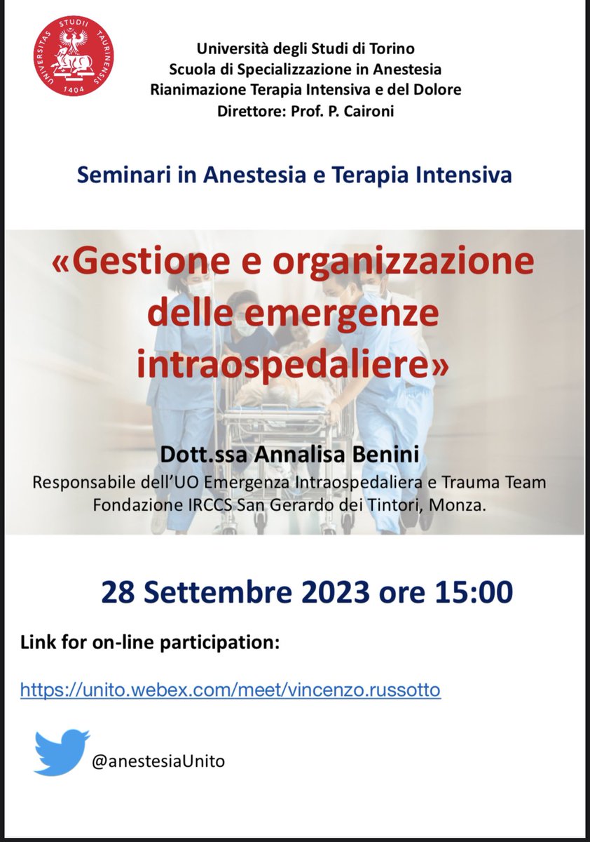 Vincenzo Russotto (@russottovin) on Twitter photo Our next lecture will be held by the chief of the emergency and trauma team, dr Benini, from university hospital San Gerardo, Monza.
👇 free link below!
<a href="/CaironiPietro/">Pietro Caironi</a> <a href="/anestesiaUnito/">Anesthesia&TI_Unito</a> Our next lecture will be held by the chief of the emergency and trauma team, dr Benini, from university hospital San Gerardo, Monza.
👇 free link below!
<a href="/CaironiPietro/">Pietro Caironi</a> <a href="/anestesiaUnito/">Anesthesia&TI_Unito</a>