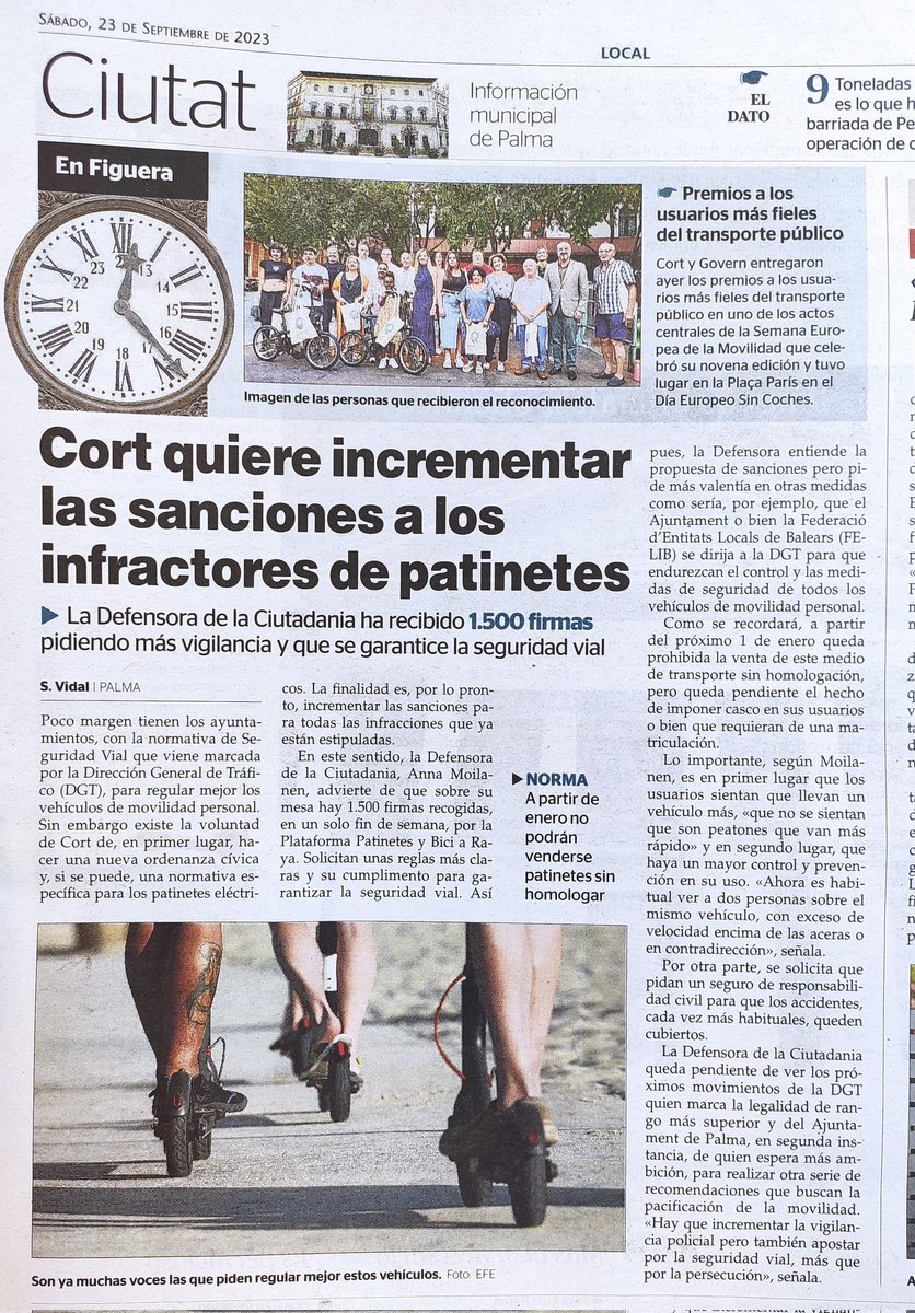 La actitud municipal es buena. La Defensora siempre ha colaborado con Patinetes y Bicis a Raya. Recoger, como hicimos, 1500 firmas en unas horas es mucho. La gente se siente insegura, pero nadie está en contra de patinetes y bicis, solo del uso incívico. <a href="/JaimeMartinez/">Jaime Martínez Llabrés</a>