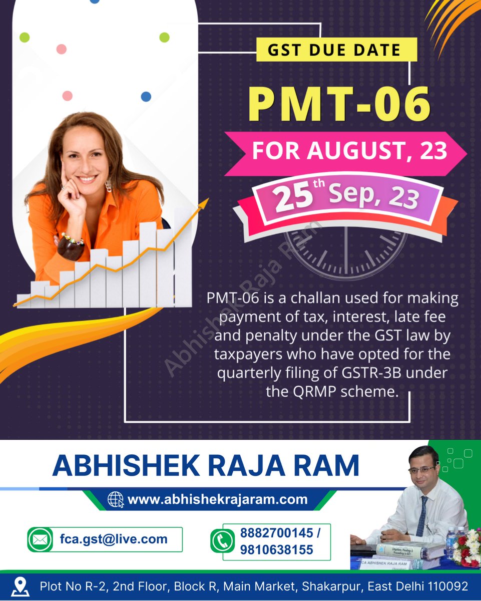 abhishekrajaram's tweet photo. Attention 
GST Due Date 
PMT-06 For August, 23

#GSTPMT06 #TaxPaymentFiling #GSTCompliance #FilingDeadline #TaxLiabilities #BusinessFinance #TaxManagement #FinancialReporting #IndirectTax #EconomicCompliance https://t.co/8slylQsRgT