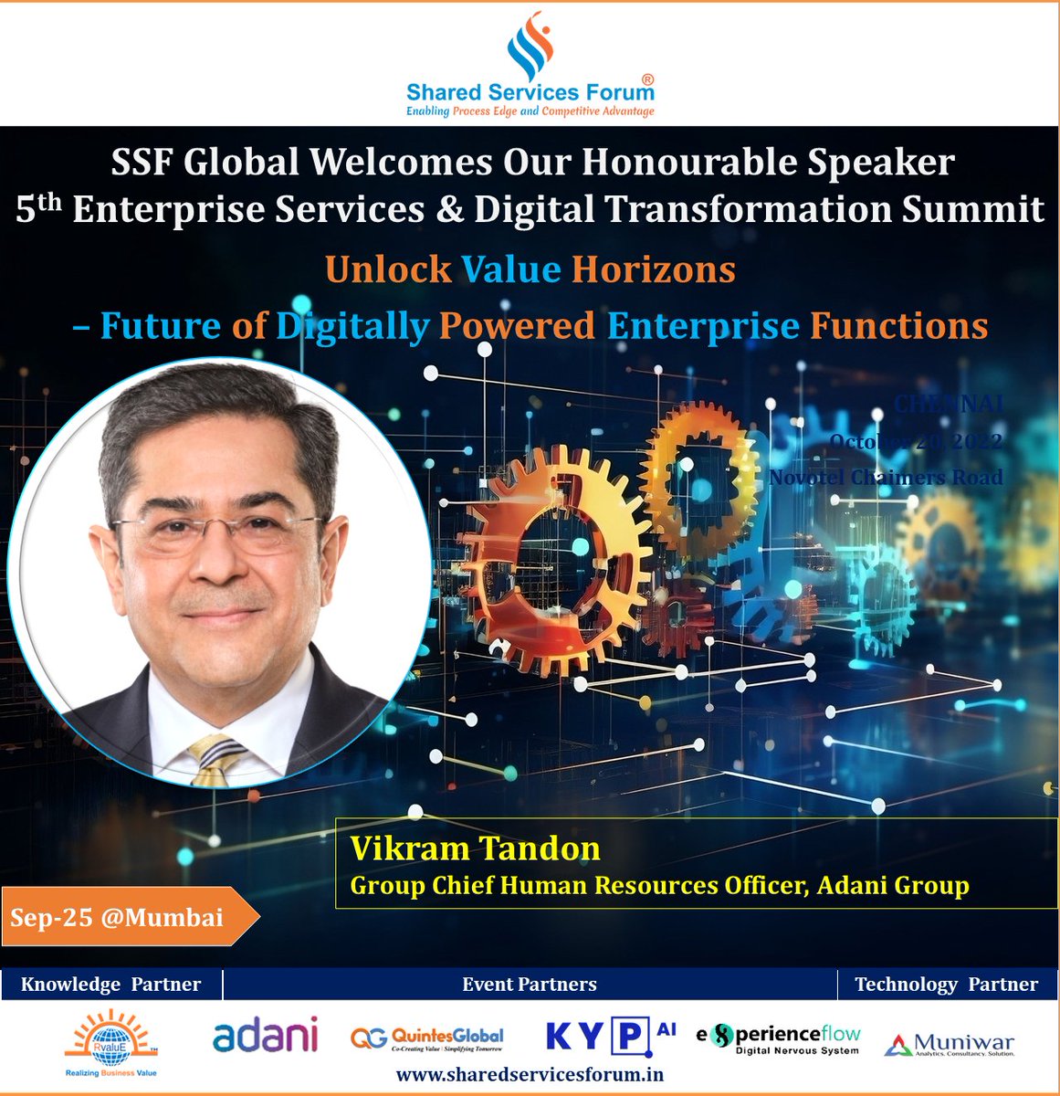 SSF_Global's tweet photo. #SSFGlobal warmly Welcomes our honorable Speaker Vikram Tandon at the 2-Day summit - 5th Enterprise Services &amp; Digital Transformation Summit 2023 on the theme:
Unlock Value Horizons – Future of #DigitallyPowered #EnterpriseFunctions
Register: https://t.co/g3f17M4Xiw https://t.co/CJ4Jmm4VSg
