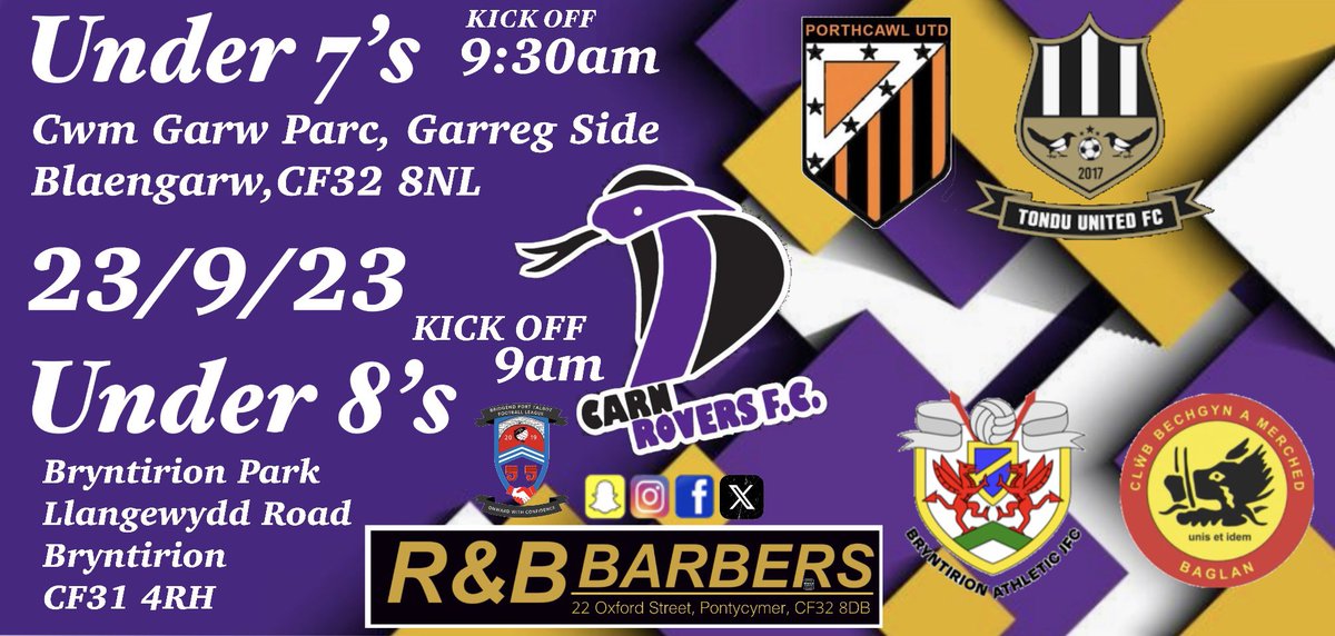 Early start for the club this morning.
Good Luck to the Under 7’s and Under 8’s both in action this morning.
Sponsored by R &amp; B Barbers