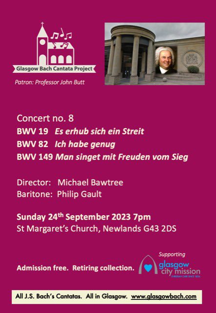 Join us on Sunday evening for two of Bach’s superb cantatas for Michaelmas and the stunning “Ich habe genug” for solo baritone, performed by Phil Gault. 
🎺🎻🎼
SUNDAY 24 SEPTEMBER, 7pm
St Margaret’s Episcopal Church, Newlands, Glasgow, G43 2DS
👉 glasgowbach.com/?p=131