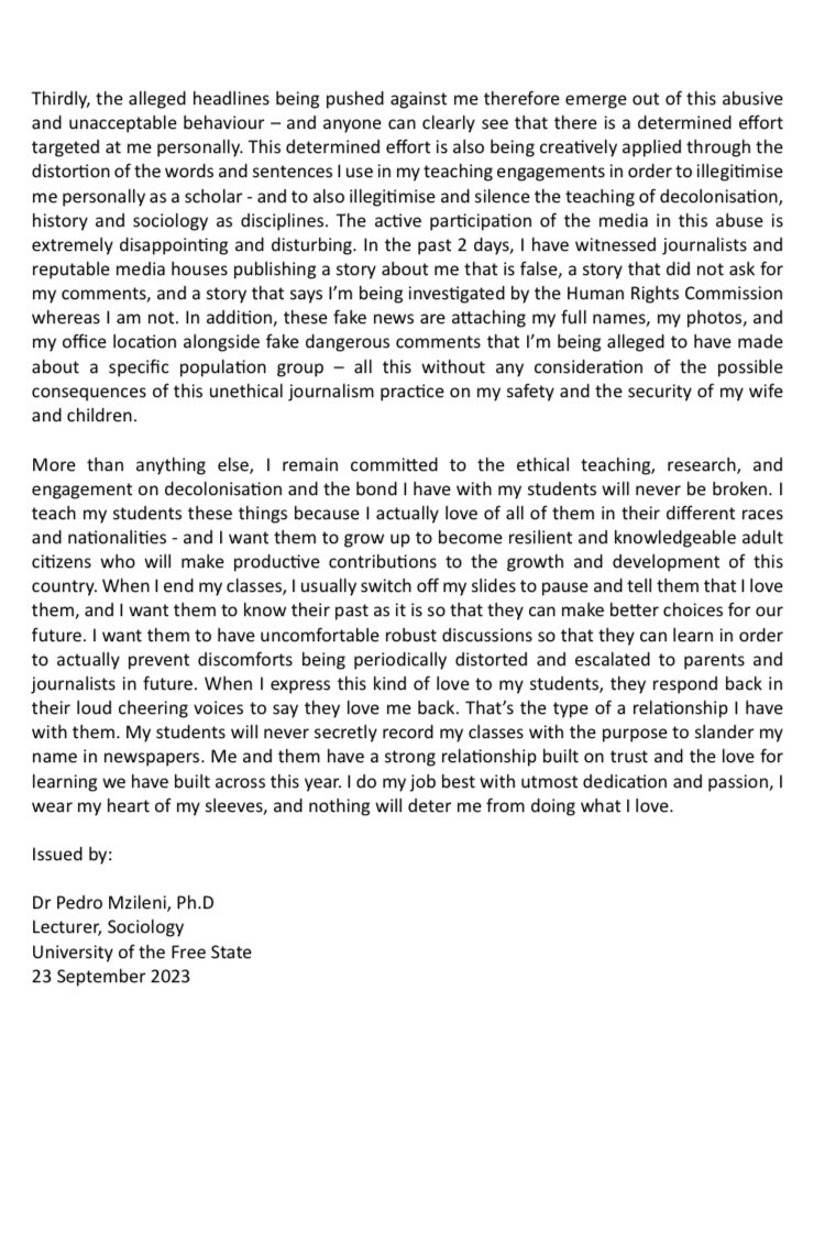 Dr Pedro Mzileni’ Statement Concerning Recent Media Reports About The Alleged Comments I’ve Made In Guest Lecture at University of the Free State (UFS) - Saturday, 23 September 2023

Please share widely and support 🙏🏾❤️