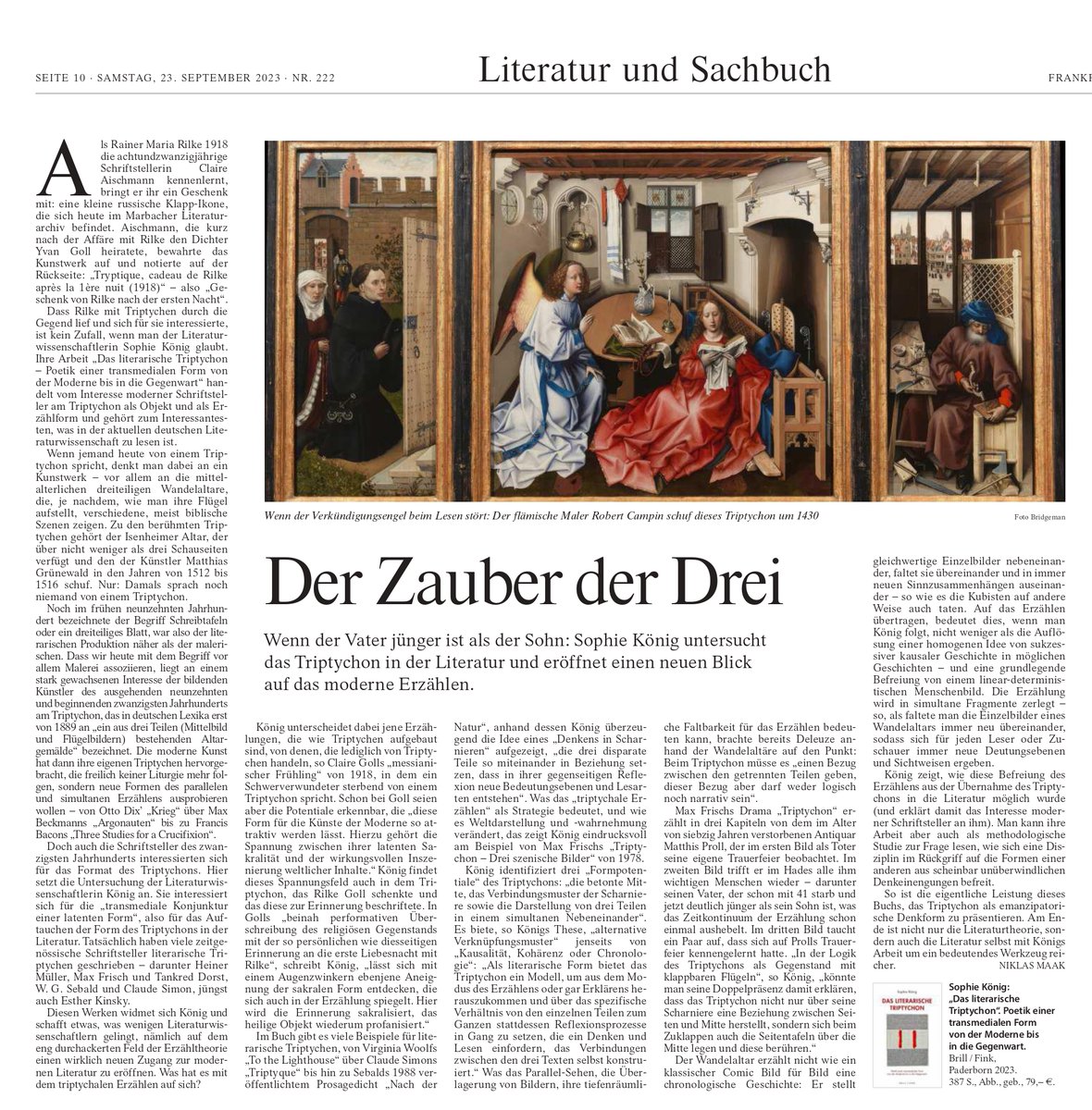 When your friend's monograph gets reviewed in the FAZ! Do read Sophie König's amazing book on literary triptychs!