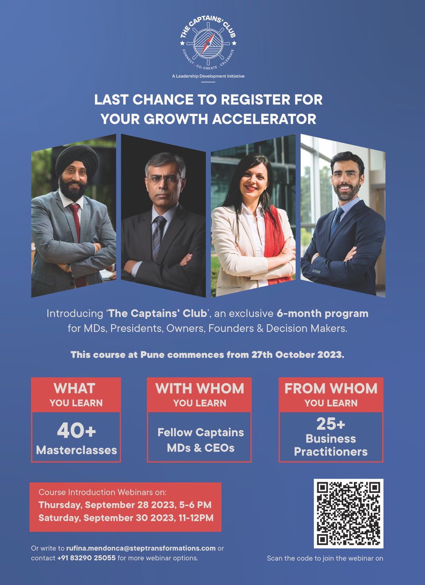 CaptainsClub's tweet photo. Inviting Business Leaders 
 
Join our webinar to help you in your Business and Personal Growth.
 
Our Program Faculty members will interact with you, provide more details about the program and address any queries you might have before you start your transformational journey. https://t.co/tbQxpRj9uJ