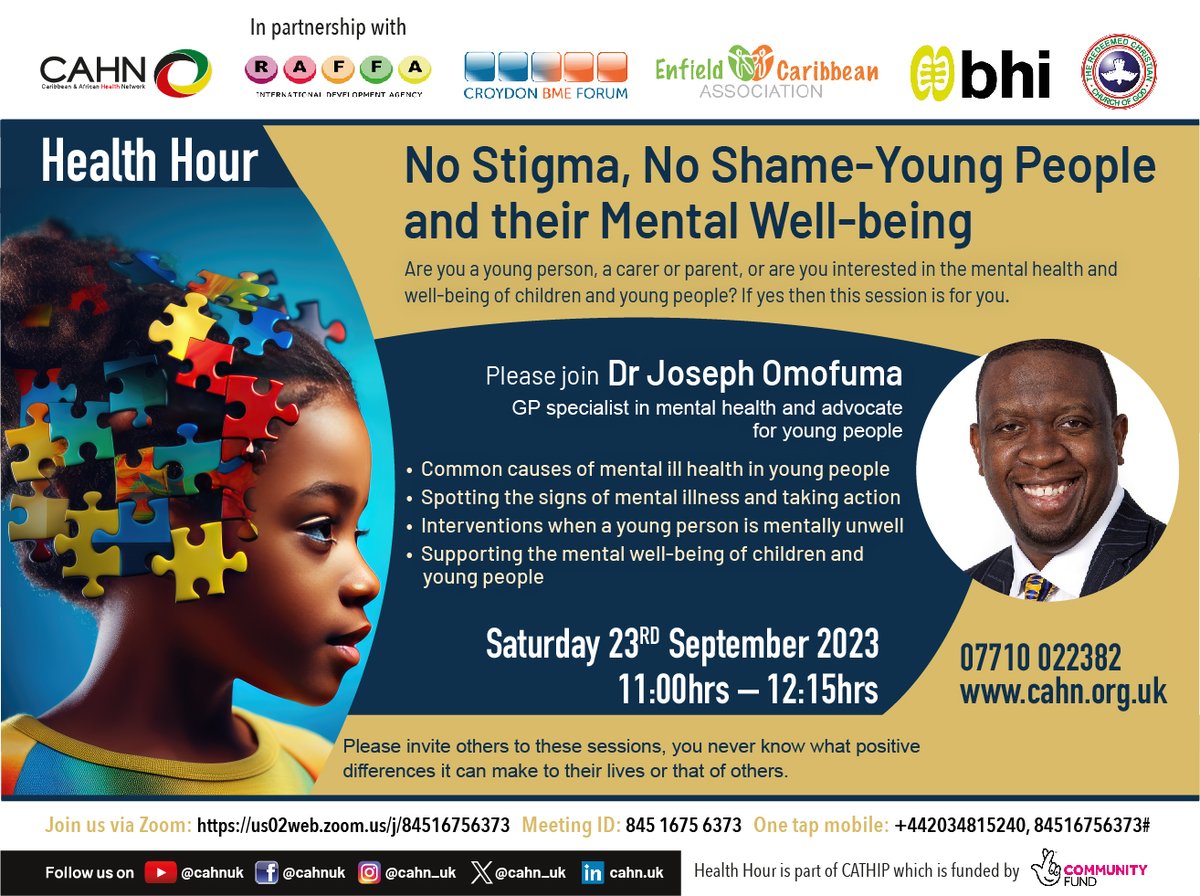 cahn_uk's tweet photo. Let’s talk about Young People and their Mental Health.
It’s time for #CATHIP Health Hour today at 11 AM.
Tune in for insights from Dr. Joseph Omofuma, a mental health expert.
Register: https://t.co/X2EGclp3hd #MentalHealthMatters #BlackHealth https://t.co/56vGExpRmQ