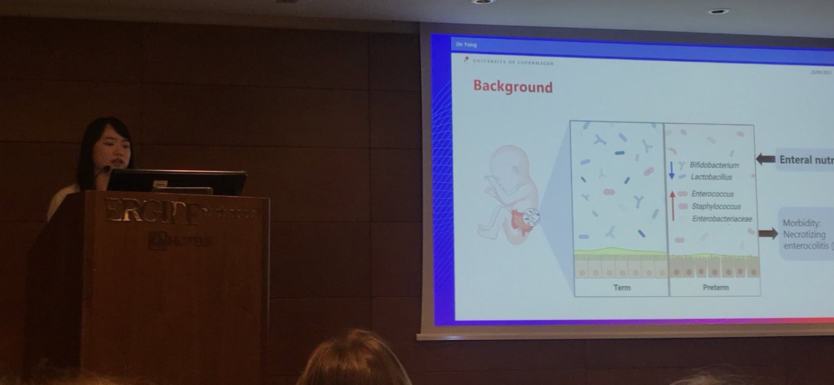 cpn_ucph's tweet photo. During the last parallel nutrition session @JENS_Congress, PhD students Lin Yang and Malene Spiegelhauer presented their data on colostrum and fecal virome transplantation, respectively, for reduction of necrotizing enterocolitis in preterms. Thanks for a great conference🙏 https://t.co/y7JTCrusy2