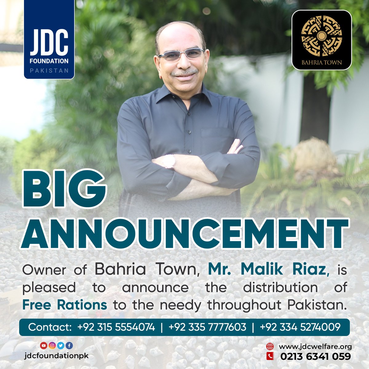 Big Announcement Owner of Bahria Town, Mr. Malik Riaz, is pleased to announce the distribution of Free Rations to the needy throughout Pakistan. @MalikRiaz_ @BahriaTownOffic